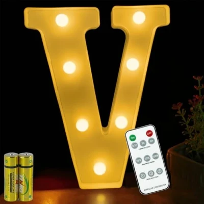 Image of HONPHIER® Letter Lights Decorative LED Alphabet Remote Control Marquee Decoration Light Up Sign Battery Operated for Birthday Party Wedding Receptions Holiday Bar Home Bedroom Bath Decor (V)
