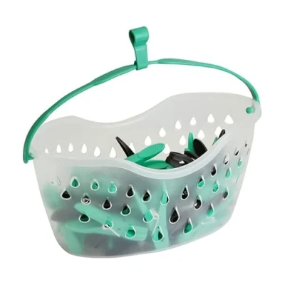 Image of Strong hanging 36 plastic clothes pegs with clear basket and hook