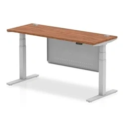 Image of Air 1600x600 Height Adjustable Desk Walnut CP Silver Leg Modesty Panel