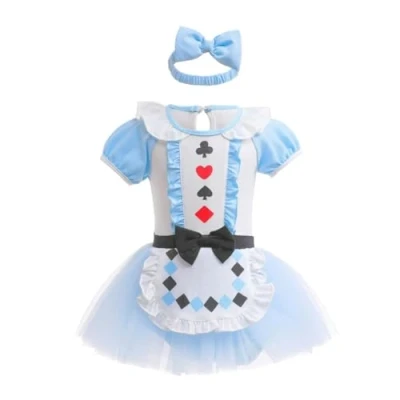 Image of Lito Angels Baby Girls Alice in Wonderland Fancy Dress Up Costume Infant Onesie Bodysuit Romper Birthday Outfits with Headband Age 12 18 Months