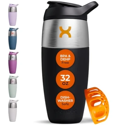 Image of Promixx Pursuit Shaker Bottle Single Wall Stainless Steel Protein Bottle, Super Smooth Shakes, 950ml, Black