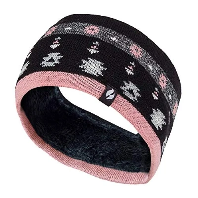 Image of Heat Holders Ladies Thick Cable Knitted Fleece Lined Thermal Winter Empty Skull Ear Warmer Headband (One Size, Jaquard Black Coral)