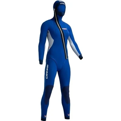 Image of Cressi Medas Lady Complete Wetsuit 5 mm, Composed of Pants/Bodice Jacket Zip Diagonal Hooded Woman, Blue (Silver), XL