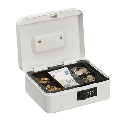 Image of Relaxdays Box, 3 Digit Combination Coin, Iron 8.5 x 20 17 cm, White