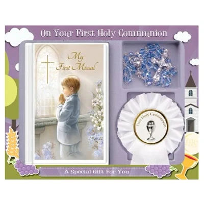 Image of Boy First Holy Communion Hardback Missal, Prayer Card/Book Mark, Blue Glass Rosary &amp; Rosette