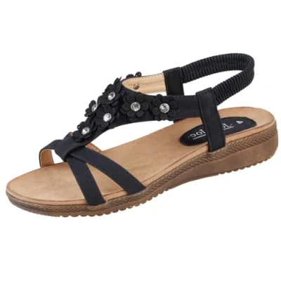 Image of Jo &amp; Joe Ladies Flower Diamante T Bar Low Wedge Slingback Sandals Naples Black UK 6