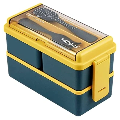 Image of Lychico Lunch Box, 1400ml Bento Box with Spoon Fork, Stackable 2 Layer 3 Compartments Leak Proof Japanese Meal Prep Container for Adults Kids Students Office Microwave Dishwasher Safe