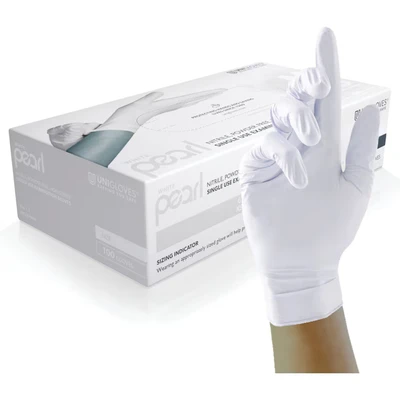 Image of Unigloves White Pearl Nitrile Examination Gloves Multipurpose, Powder Free and Latex Disposable Box of 100 Gloves, White, Extra Large (GP0025)