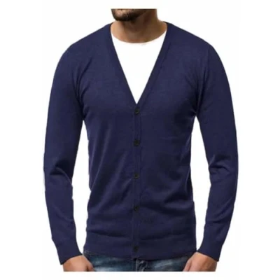 Image of Men Knitwear Spring Autumn Thin Cut Knit Sweater Slim Fit V Neck Knitted Jacket Button Placket Casual Cardigan F Navy 3XL
