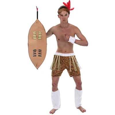 Image of Mens Adult Zulu African Warrior Fancy Dress Costume Around The World Festival Native Leopard Print King Outfit Includes Shield