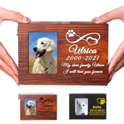 Image of Buaodam Personalised Pet Urn, Dog Ashes Box Personalised, Cat Custom Casket With Photo Slot And Name Date Text Urn Souvenir For Rabbit Bird (Print)