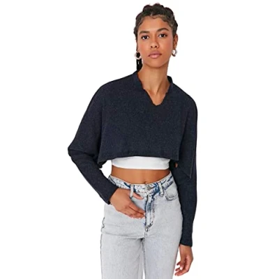 Image of Trendyol Women Regular Basic Standing Collar Knit Blouse Dark Blue