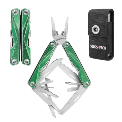 Image of Swiss+Tech Multifunctional Pliers 16 in 1, Foldable Mulitool Stainless Steel Tool with Saw, Bottle Opener for Camping, Outdoor, Repairing, Carry Bag, Vintage