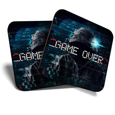 Image of 2 x Square Coasters Game Over Glitch Gaming Cork Backed Home Kitchen Accessory Tea Coffee Mug Mat #45122