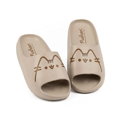Image of Pusheen Girls Sliders Brown Moulded Ridge Bottom Sandals for Kids Cartoon Tabby Cat Cute Beachwear &amp; Summer Pool Shoes Slip on Footwear Merchandise Gift Children