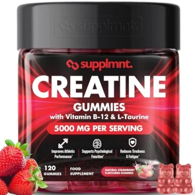 Image of Creatine 120 Gummies Max 5000mg for Men &amp; Women Monohydrate Plus B12 and L Taurine Chewable Gummies, Strawberry Flavour 1 Month Supply (1 Count (Pack of 120), Strawberry)