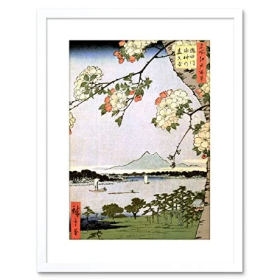 Image of Wee Blue Coo Japanese Woodblock Cherry Blossom Ships On Water Framed Wall Art Print