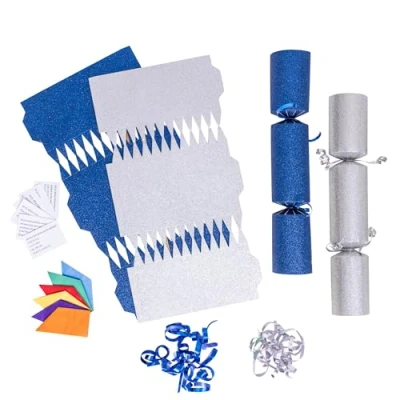 Image of evelay 12 Make Your Own Christmas Cracker Kit DIY Silver &amp; Navy Glitter Crackers Hats Snaps Jokes (Silver, Navy)