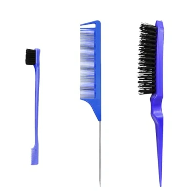 Image of 3 Pieces Hair Styling Comb Set, Double Sided Edges Brush, Teasing Brush Rat Tail Comb, Plastic Bristle Edge Control for Home, Hairdressers(Blue)