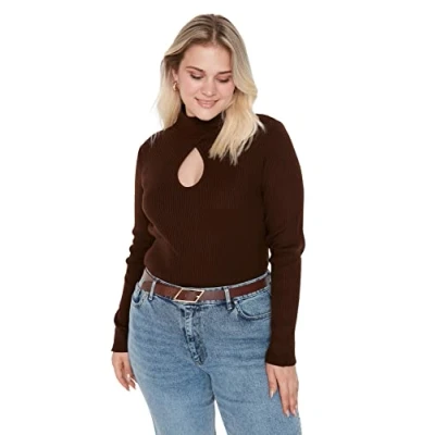Image of Trendyol Women Plus Size Regular Double Breasted High Neck Knitwear Jumper Brown
