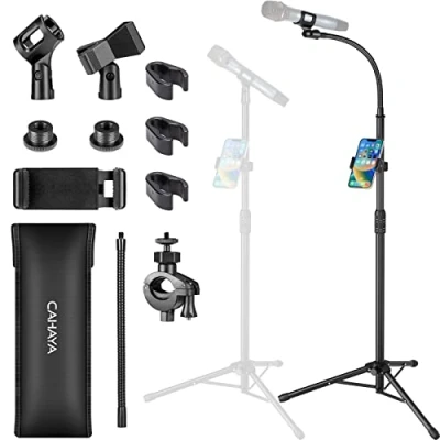 Image of CAHAYA Upgraded Gooseneck Microphone Stand Universal Metal Mic with Smartphone Holder and Carrying Bag, for Performance Singing Speech Wedding Stage Outdoor CY0312