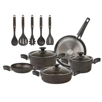 Image of Karaca 13 Piece Pot &amp; Pan Set Non Stick Induction Pots and Pans with Utensil Set, 3 Biogranite Glass Lids&amp;1 Granite Frying Pan&amp;1 Shallow Pan, Dishwasher Safe,BlackGold