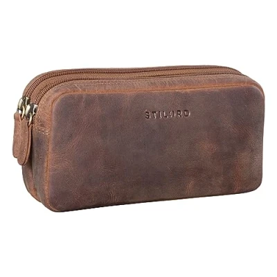Image of STILORD &#039;Eddie&#039; Pencil Pouch Case Leather Pen Cases with 2 Zipped Compartments Vintage Bag Cosmetic Organizer Genuine Leather, Colour:Middle Brown