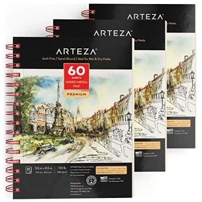 Image of ARTEZA 14 x 21.6 cm Mixed Media Sketch Book, 3 Pack, 180 Sheets Total, GSM, Micro Perforated, Spiral Bound Pad, for Wet and Dry
