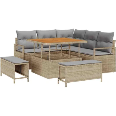 Image of vidaXL 8 Piece Garden Sofa Set with Cushions Beige Poly Rattan Acacia