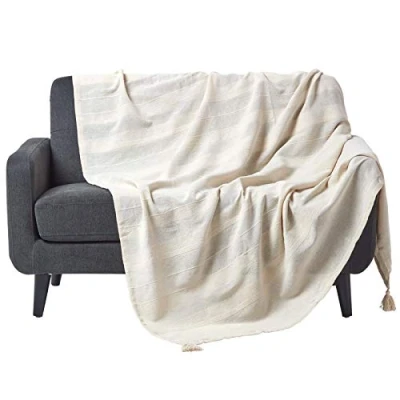 Image of HOMESCAPES Rajput Ribbed Throw 100 x 140 Inches Natural 100% Cotton, Suitable for most 3 Seater Sofas or Double, King bedspreads, Easy care, washable at home.