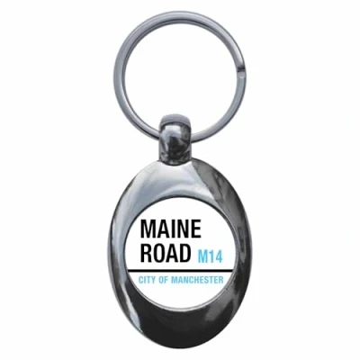 Image of Ozorath Maine Road M14 City of Manchester Sign Keyring Keychain Key Ring Chain With Trolley Coin