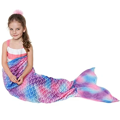 Image of Catalonia Mermaid Tail Wearable Blanket Gift, Soft Flannel Fleece Sleeping Bags for Kids Girls All Seasons, Colorful Scale Snuggle Birthday 155 x 51 cm