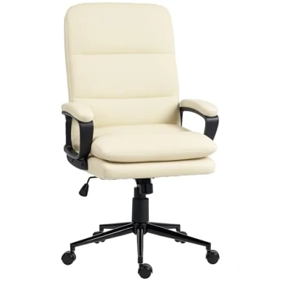 Image of Vinsetto Office Chair, PU Leather Computer Desk Chair with Adjustable Height and Swivel Rolling Wheels for Work Study, Cream White