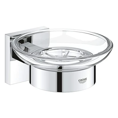 Image of GROHE Start Cube Soap Dish with Holder (Material: Glass and Metal, Wall Mounted, Concealed Fastening, Screws Dowels), Size 125mm, Extra Easy to Fit QuickGlue, Chrome, 41096000