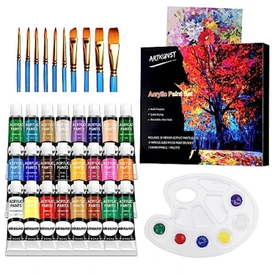 Image of ARTKUNST Acrylic Paint Set, 24 Rich Pigment Colors with 10 Art Brushes for Painting Canvas, Wood, Ceramic &amp; Fabric, Pigments Lasting Quality Beginners, Students Professional Artist