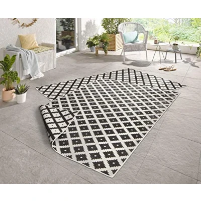 Image of NORTHRUGS Indoor and Outdoor Rug Nizza 120 x 170 cm Reversible Weatherproof Modern Geometric Pattern for Balcony Patio Garden Conservatory Kitchen Living Room Waterproof in Black Cream