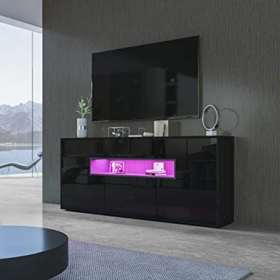 Image of Black High Gloss Sideboard, Sideboards for Living Room, Modern Kitchen Cabinet with 3 Doors &amp; 5 Drawers, Led Storage Cupboard TV Stand Unit Light 150x35x72cm
