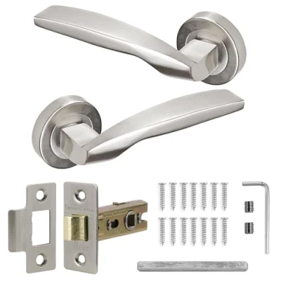 Image of Decoranddecor Brushed Chrome Door Handles Lever On 54mm Rose Alloy with Latch Kit