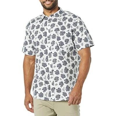 Image of Amazon Essentials Men&#039;s Slim Fit Short Sleeve Poplin Shirt, White Navy Palm Tree, XXL
