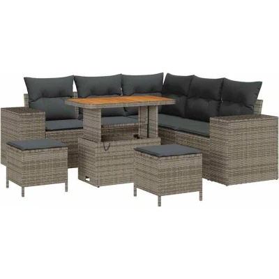 Image of vidaXL 8 Piece Garden Sofa Set with Cushions Grey Poly Rattan Acacia