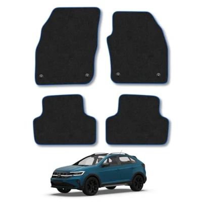 Image of Car Mats Compatible with VW Taigo (2022 ) Tailored Fit Blue Carpet Floor Set Accessory Custom 4 Pieces Anti Slip Backing &amp; Binding Trim Edge