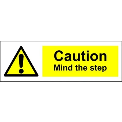 Image of Warning Mind The Step Safety Sign Self Adhesive Sticker 300mm x 100mm