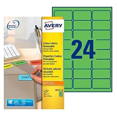 Image of Avery L6033 20 Printable, customisable Removable Green Filing Labels, 24 Labels Per A4 Sheet, 63.5 x 33.9 mm