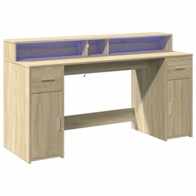 Image of vidaXL Desk with LED Lights Sonoma Oak 160x55x91 cm Engineered Wood