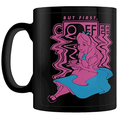 Image of Pyramid International Disney Alice in Wonderland Mug Presentation Gift Box (But First, Coffee Design) 11oz Ceramic Black Official Merchandise, Black,blue