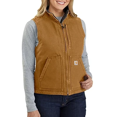 Image of Carhartt Women&#039;s Relaxed Fit Washed Duck Sherpa Lined Mock Neck Vest, X Large, Brown, XL