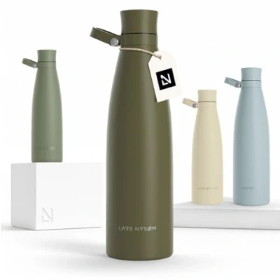 Image of LARS NYSØM Stainless Steel Insulated Water Bottle 25oz 34oz Thermo Flask for Hot and Cold Beverages Leakproof Drinking (Olive Green, 1000ml)