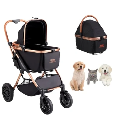 Image of VEVOR Pet Stroller, 4 Wheels Dog Stroller Rotate with Brakes, 66 lbs Weight Capacity, Puppy Detachable Carrier, Storage Basket and Pad, for Small to Medium Sized Dogs, Black