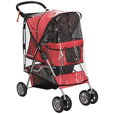 Image of PawHut Dog Stroller with Rain Cover for Small Miniature Dogs, Folding Pet Pram Cup Holder, Storage Basket, Reflective Strips, Red