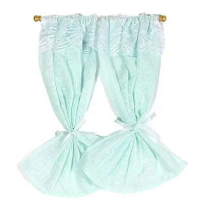 Image of Melody Jane Dolls House Aqua Curtains on Rail Miniature Window Accessory